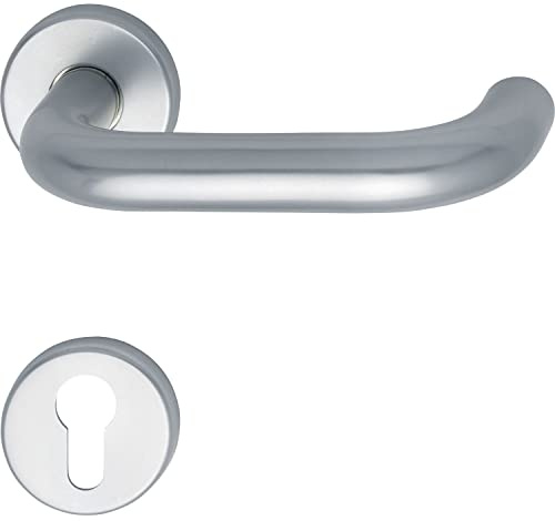 GRUNDMANN Geos 102814 Silver 1754/D6K Handle Set on Rosette PZ for Fire Doors ÖNORM Door Fitting VK 9, Anodised Aluminium