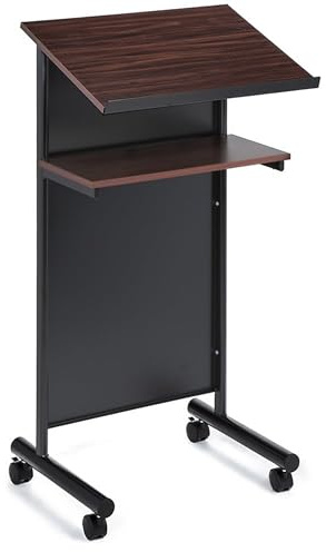 Audio-Visual Direct Wheeled Lectern Podium - Standing Desk with Storage Shelf - Cherry/Black - Ideal for Presentations and Laptop Use