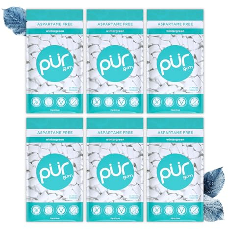 PUR Gum | Chewing-Gum Sans Sucre | Au Xylitol | Végétalien, Sans Aspartame et Sans Gluten | Gum Naturel Au Goût De Wintergreen, 55 Pièces (Lot De 6)