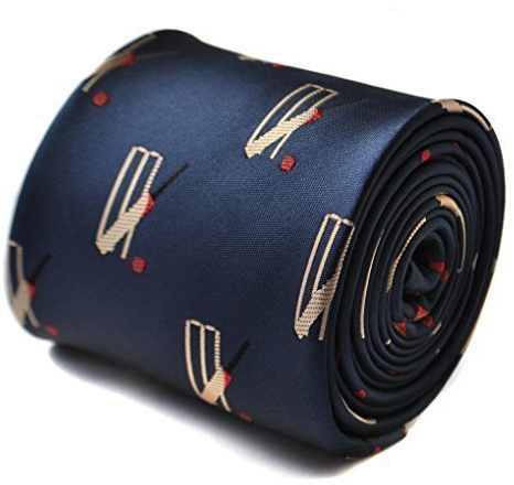 Frederick Thomas Navy Blue Tie with Cricket Bat and Stumps Design Classic 8cm Width, Signature Floral Rear Lining 147cm Length Ideal for Office, Event and Wedding