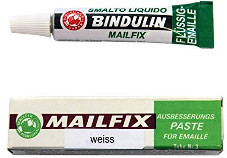 Mailfix von Bindulin 6,5g - Ausbesserungspaste flüssiger Kunststoff zum Ausbessern von Emaille & Porzellan beseitigt Schadstellen an emaillierten Flächen zB Waschmaschine Badewanne Waschbecken Fliesen - 6,5 Gramm, Farbe weiss white