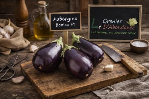 25 graines à semer - Le Grenier d'Abondance - AUBERGINE Noire Brillant Bonica - Spécialité Hybride F1