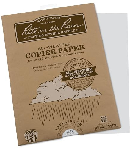 Rite in the Rain Weatherproof Laser Printer Paper, 8.5 x 11, 20# Gray Colored Printer Paper, 50 Sheet Pack (No. 8511GY-50)