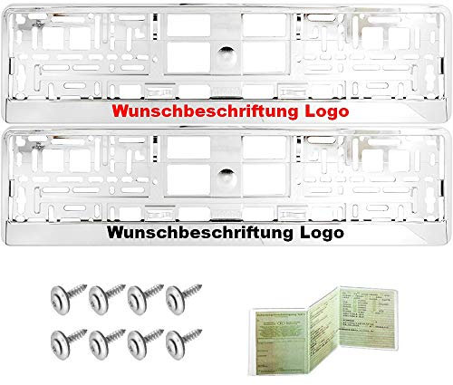 2 Stück Kennzeichenhalter CHROM mit Wunschtext Beschriftung Werbung