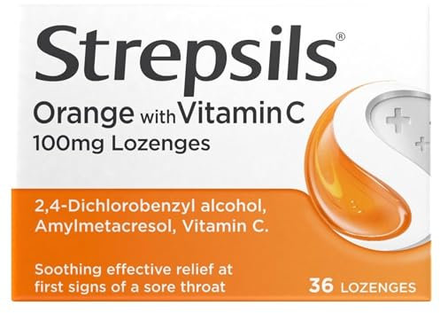 Strepsils Orange Vitamin C Lozenges, 100mg, 36 Count, Fast-Acting Sore Throat Relief, Soothes In 2 Hours, Effective Discomfort Medication