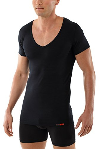 ALBERT KREUZ Camiseta Interior Negra particularmente Ligera para Hombre, de Manga Corta con Cuello de Pico Profundo, de Micromodal elástico