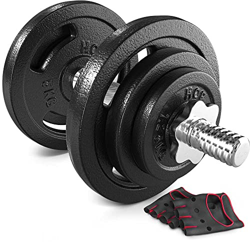 Hop-Sport Gusseisen Hantelscheiben Set 10kg bis 60kg mit 31 mm Lochdurchmesser, Neopren Handschuhen, Ideal für Standard 30mm Langhantelstangen, Robuste Gewichtsscheiben für Fitness- und Krafttraining