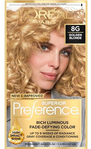L'Oreal Paris Superior Preference Luminous Fade-Defying Permanent Hair Color, Hair Dye For Up to 9 Weeks of Radiance, Golden Blonde 8G, 1 Hair Dye Kit