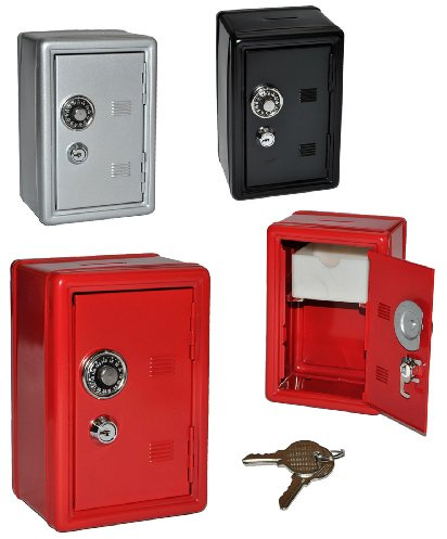 Spardose Tresor Schrank rot/schwarz/grau - mit Schlüssel - stabile Sparbüchse für die Reisekasse aus Metall - Safe Tresorschrank Geld Sparschwein