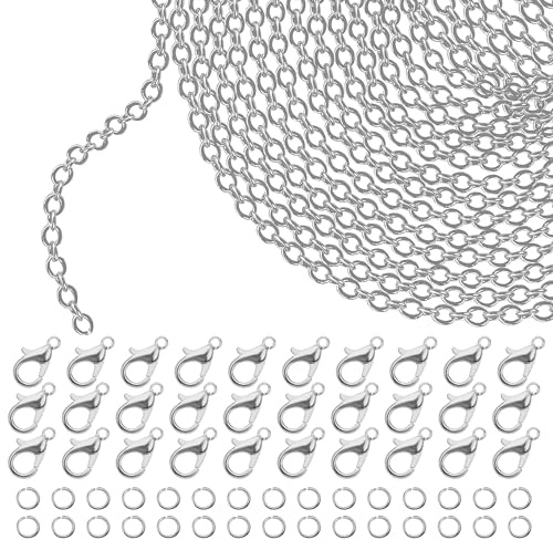 Kurtzy 33 Fuß Silberne Kette zum Ketten Selber Machen - 10 m x 1,5 mm Kupfer Gliederkette, 30 Legierte Karabinerhaken & 30 Geteilte Sprungringe - DIY Ketten & Schmuck Herstellen für Männer & Frauen