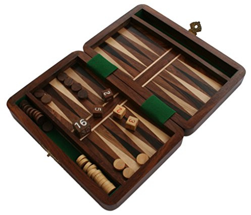 Backgammon Travel Set Wooden Board Hand Carved Game Folding Portable (6 Inches - Small)