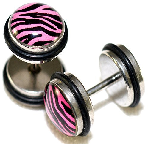Pink Zebra Print Stainless Steel Fake Cheaters Faux Illusion Plugs 0G Gauge 8mm 1 Pair Medium