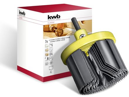 kwb 7-tlg. Mehrkranzlochsäge Ø 25, 32, 38, 45, 50, 58 und 63 mm mit Zentrierbohrer, guter Schnittleistung, 40 mm Schnitttiefe, Rundschaft und schwerem Aludruckguss-Trägerteller