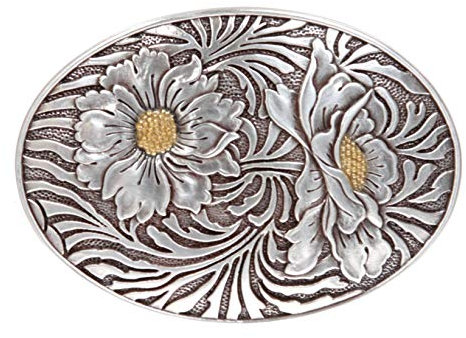 Gürtelschnalle mit ovaler Sonnenblumen-Gravur.