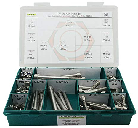 Set DIN 912 Zylinderkopfschrauben M10 Edelstahl A2 mit Muttern + Scheiben | Sortiment M10 DIN 912 Zylinderschrauben (Innensechskant) Unterlegscheiben (DIN 125, 127, 9021) Muttern DIN 934, 985 144 Teile