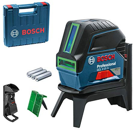 Bosch Professional Kreuzlinienlaser GCL 2-15 G (grüner Laser, Innenbereich, mit Lotpunkten, Arbeitsbereich: 15 m, 3x 1,5 V Batterien, Drehhalterung RM 1, Laserzieltafel, Handwerkerkoffer)