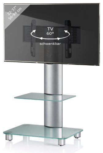 VCM TV-Standfuß LED Ständer Fernseh Standfuss Alu Glas Universal Silber VESA Mobil Rollen Bilano Zwischenboden