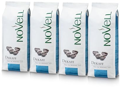 NOVELL - Caffè decaffeinato in Grani 100% Arabica 1kg|Esperienza Gourmet |4 Sacchetti da 250g |Facile Utilizzo con Valvola Unidirezionale|Arabica