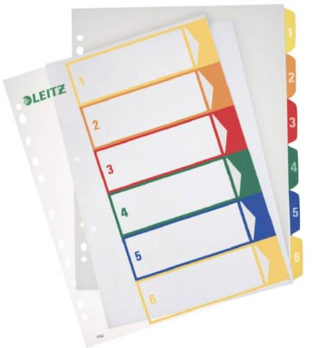 Leitz Register für A4, PC-beschriftbares Deckblatt und 6 Trennblätter, Taben mit Zahlenaufdruck 1-6, Überbreite, Weiß/Mehrfarbig, Polypropylen, 12920000