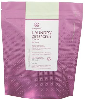 Grab Green 3-in-1 Laundry Detergent Powder, 4lbs -100 Loads, Water Lily Scent, Plant And Mineral Based, Superior Cleaning Power, Stain Remover, Brightens Clothes, Packaging May Vary
