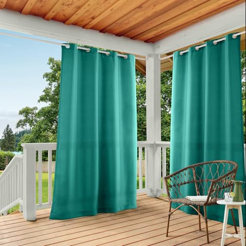 TOWN & COUNTRY BASICS Cabana Solid Heavyweight Indoor Outdoor Curtains, Light Filtering Opacity with Grommet Top, Water Repellent, 2-Pack Set, 54x84, Teal