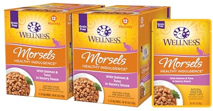 Wellness Healthy Indulgence Morsels Adult Wet Cat Food, Natural, Protein Rich, Grain Free, Salmon and Tuna Recipe, 3 oz, Pack of 24 Pouches