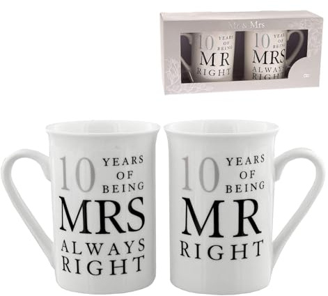 Amore 10:e bröllopsdag set med 2 porslinsmuggar 'Mr Right & Mrs Always Right' (WG67710)