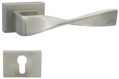 domino Türgriff Drückergarnitur PZ - Profilzylinder Set rechteckige Rosette Türklinke für Zimmertür, Bürotür, Kellertür & Innentür Türbeschläge aus Legierter Stahl Nickel TWIST-RT M9