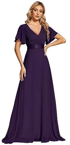 Ever-Pretty A-línea Vestido de Fiesta Cuello en V Manga Corta Gasa Corte Imperio para Mujer 09890