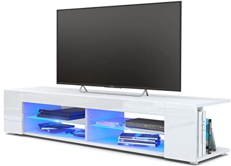 Vladon Lowboard Movie, TV-Kommode mit 4 offenen Fächern und Zierleisten, Weiß matt/Weiß Hochglanz, inkl. LED-Beleuchtung blau (134 x 29 x 39 cm)