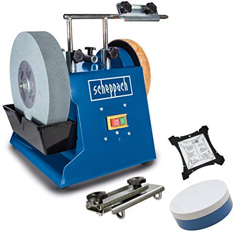 Scheppach Nass-Schleifsystem TIGER2500 mit Stahlgehäuse Nass-Schleifmaschine Nassschleifer | 200W Leistung | Schleifstein aus Edelkorund mit Ø250mm | inkl. Abziehpaste, Winkellehre, Schleifvorrichtung