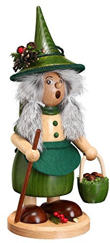 DWU Original Erzgebirgischer Räuchermann® Wichtelfrau mit Pilzkorb grün - inkl. Original Crottendorfer Räucherkerzen #870