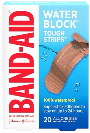Band-Aid Brand Water Block Waterproof Tough Adhesive Bandages for First Aid Wound Care, Durable Waterproof Bandages to Protect Minor Cuts, Burns & Scrapes, Quilt-Aid Pad, One Size, 20 ct
