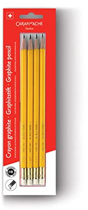Caran d'Ache Bleistifte 4er Pack Holz Gelb mit Radiergummi HB, Blister Verpackung, Größe: ca. 14cm, 0351.372, Mehrfarbig
