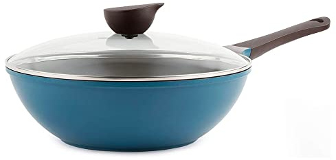 Neoflam Eela 12'' Non Stick Chef's Wok with Glass Lid, Stir Fry Pan and POFA-Free Ceramic Coating for Cooking Saute Vegetables, Meat, Fish, 12 inch, Deep Blue (Handle assemble required)