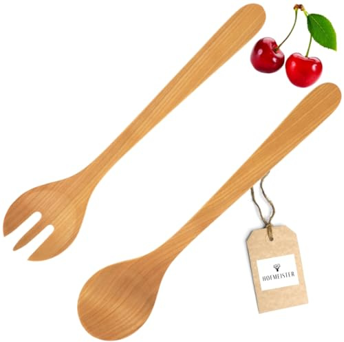 Hofmeister® Salladsbestick av körsbärsträ, 35 cm, tillverkat i Europa, 2 delar, salladssked och salladsgaffel, ingen plast i sallad, antibakteriell, salladsbestick-set, serveringshjälp