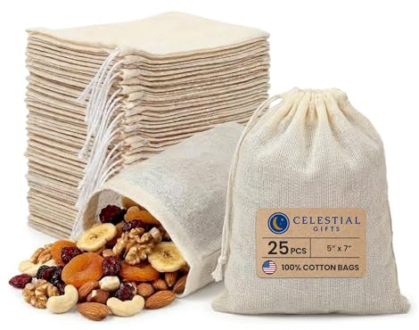 Celestial Gifts Muslin Bags 25pcs 5x7, 100% Cotton Drawstring Bags for Party Favors, Part and More - Made in USA (Natural Hem & Drawstring)