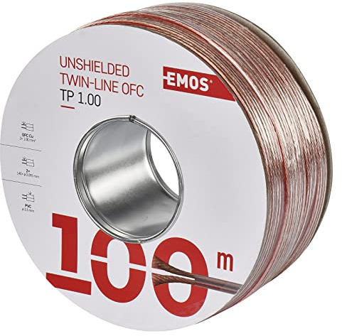 EMOS Câble de haut-parleur OFC 2 x 1,0 mm² - 100 m - En cuivre pur - Pour haut-parleurs et systèmes Surround - Transparent - Avec marquage polarité