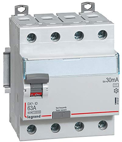 Legrand 411847 Interrupteur différentiel DX³-ID arrivée haute et départ bas à vis, 4P, 400V, 63A typeB, 30mA, 4 modules
