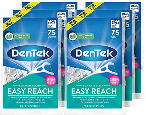 DenTek Comfort Clean Easy Reach Floss Picks | Cleans Back Teeth | 75 Count | 6 Pack | Packaging May Vary