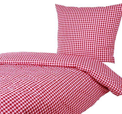 Hans-Textil-Shop Bettwäsche Kariert Rot Weiß 135x200 cm + 80x80 cm – Karierte Bettwäsche Landhausstil mit Reißverschluss aus Baumwolle