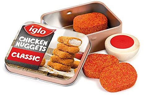 Erzi 15160 Chicken Nuggets von Iglo aus Holz in der Dose, Kaufladenartikel für Kinder, Rollenspiele