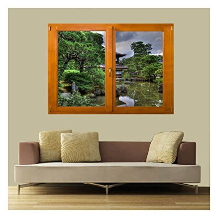 Stickers trompe l'oeil fenêtre Jardin zen - L 140cm x H 100cm