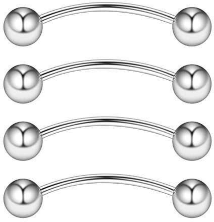 Ruifan 316L Surgical Steel Curved Barbell Snake Eyes Tongue Ring Piercing 16G 16mm Pack of 4