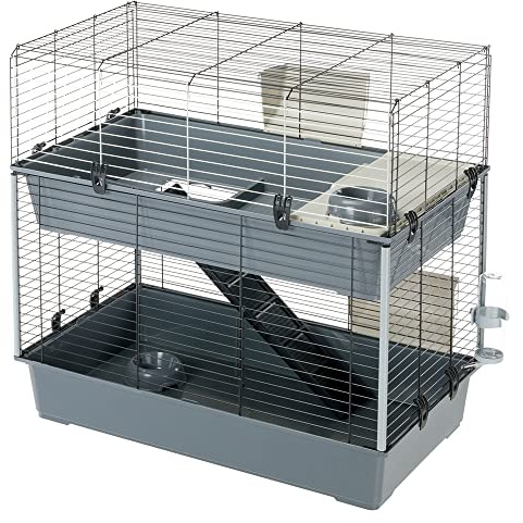 Ferplast Gabbia per conigli a due piani RABBIT 100 DOUBLE, Casetta per piccoli animali, Conigliera con Accessori inclusi, in Metallo verniciato Nero e plastica, 95 x 57 x h 93,5 cm
