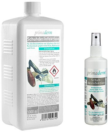Primaderm Schuhdesinfektion aldehydfrei, Desinfektionsmittel gegen Pilze, Bakterien und Viren in Schuhen, 250 ml Sprühflasche und 1L Eurospenderflasche Nachfüllpack