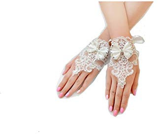 Miya 1paare Glamour Elegante Braut Handschuhe Hand Schmuck Prinzessin Handschuhe aus Spitzen Satin und Lace, Perlen Kristallen, Braut Accessoires Hochzeit Party, Frabe beige (20%) Weiß (80%)