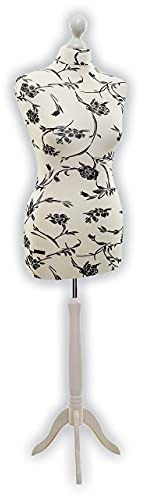 Schneiderpuppe LUCCESI | Zum Probierpreis! | Größe weiblich S - XL (Female) | Torso Size: S (34-36) | Wechselbezug Creme-Weiss/florales Muster (schwarz) | Standfuss Weiss | Damen Schaufensterpuppe