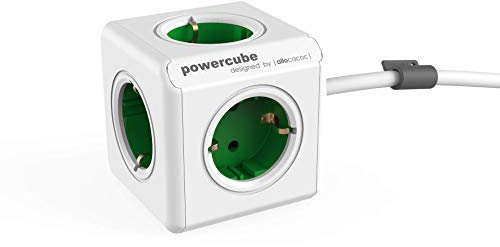 Allocacoc PowerCube Extended, Ladrón múltiple con 5 enchufes en Forma de Cubo (Blanco y Verde) (8718444085539)