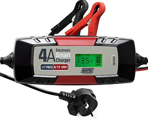 Maypole 4A Dual Voltage 6/12V Electronic Smart Car Battery Charger Fully Automatic 5 Stage Charging Cycle Lead Acid AGM